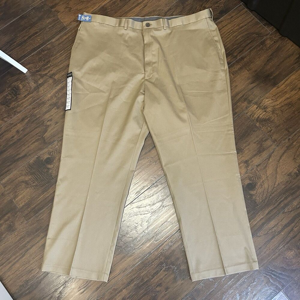 Haggar Pants Men's 46x30 Premium Khaki Stretch Twill Classic Fit Iron Free Chino
